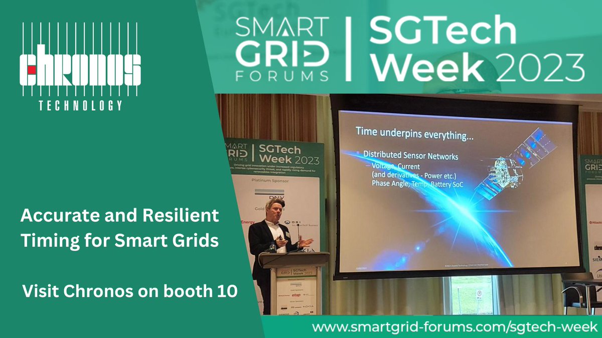 ChronosTechno's tweet photo. Chris Farrow presenting "Resilient Timing - Enabling the Smart Grids of Tomorrow" at SGTech Week 2023 Smart Grid Forums today in Amsterdam.

Meet our team on booth 10.

https://t.co/R46mLWe23V

#SGTechWeek2023 #SmartGridForums #UtilityTelecoms #DigitalSubstation #IEC61850 #GNSS https://t.co/1pnJ4Xj8R5