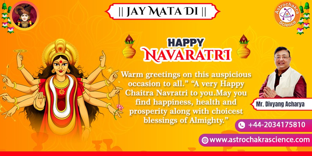 astrochakra_s's tweet photo. The nine blessings of Maa Durga—fame, name, wealth, prosperity, happiness, education, health, power, and commitment—may be bestowed upon you and your family. 🙏🕉️✨
Happy Chaitra Navratri!🙏
#HappyNavratri #Navratri #NavratriFestival #Astrology #Blessings #UK #AstrochakraScience https://t.co/J2TjhHnQ46