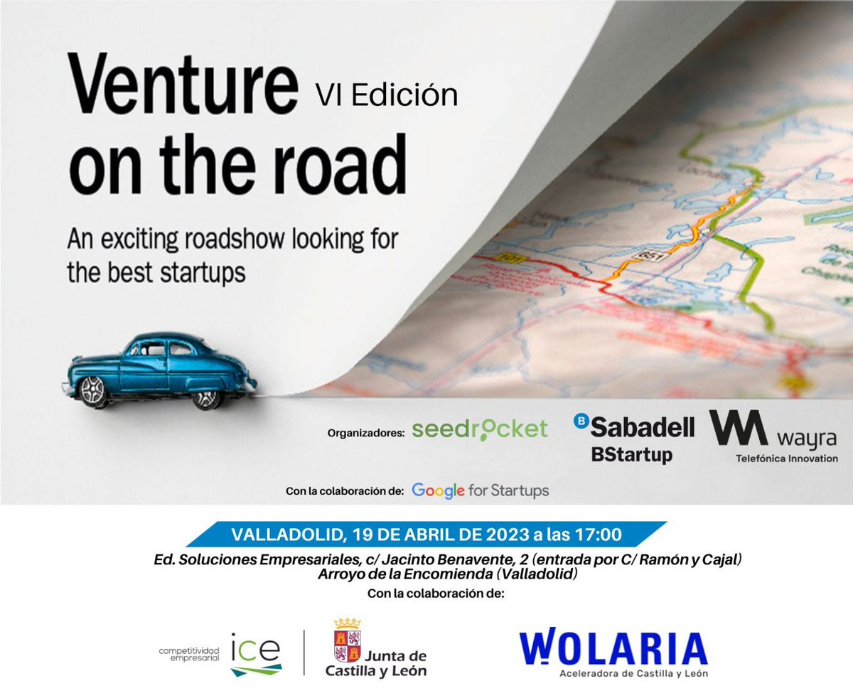 El próximo 19 de abril os esperamos en #VentureOnTheRoad #Valladolid, roadshow de <a href="/seedrocket/">SeedRocket</a>, @WayraES y <a href="/BStartup/">BStartup</a> junto a <a href="/GoogleStartupES/">Google for Startups - Spain</a> que contará con el apoyo de los partners locales Competitividad Empresarial (ICE) y #Wolaria. Inscríbete en✍🏼sab.to/3lsAFTf