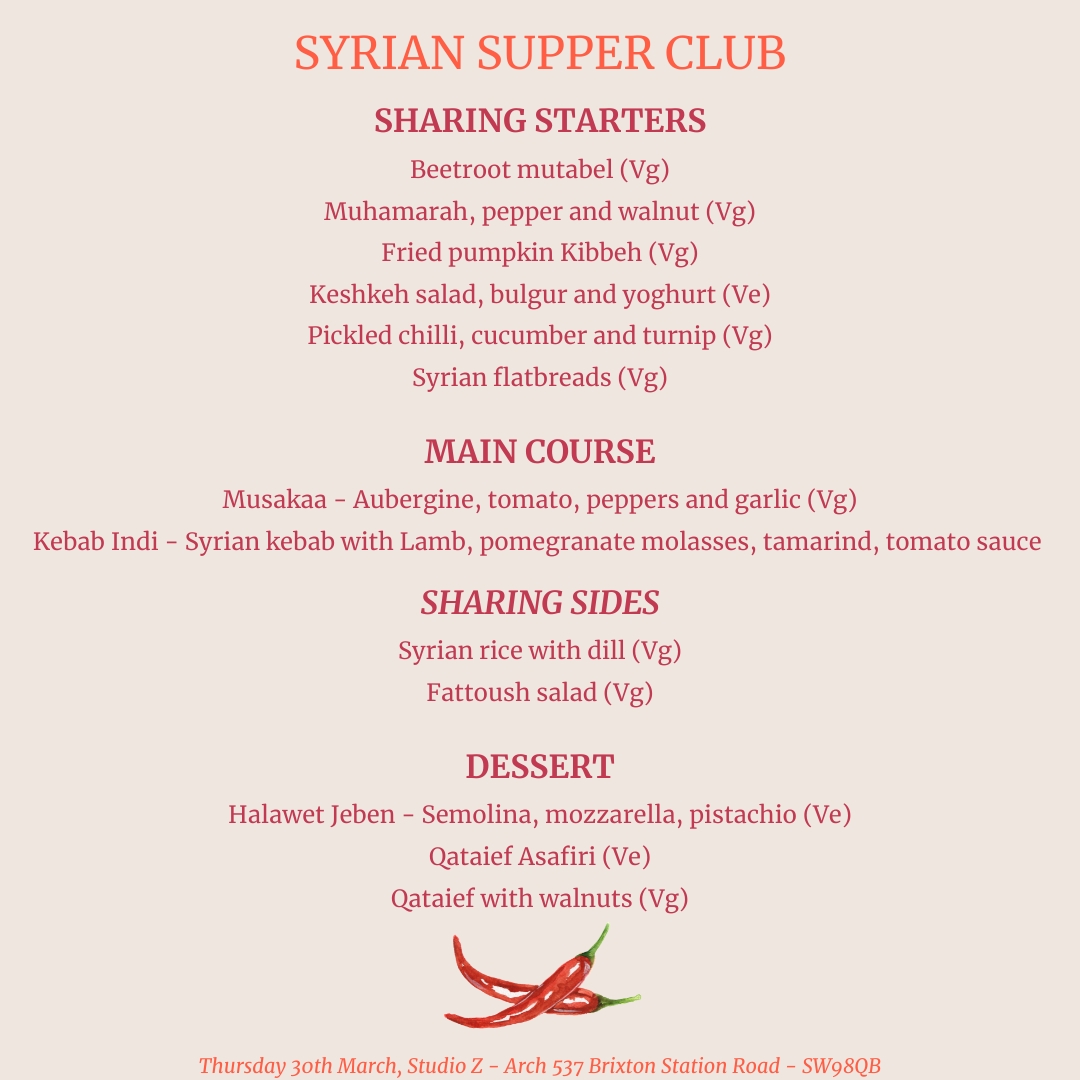 actionsyriauk's tweet photo. Come to our Syrian Supper Club in Brixton, March 30. 3 courses by Chef Danny Jack + The Syrian Sunflower Kitchen, @brixtonbrewery beer, @bowlgrabber wine, all to raise funds for communities affected by the Turkey/Syria earthquakes. Good times doing good!  https://t.co/5esIEVjUQC https://t.co/eugyQhYoX7
