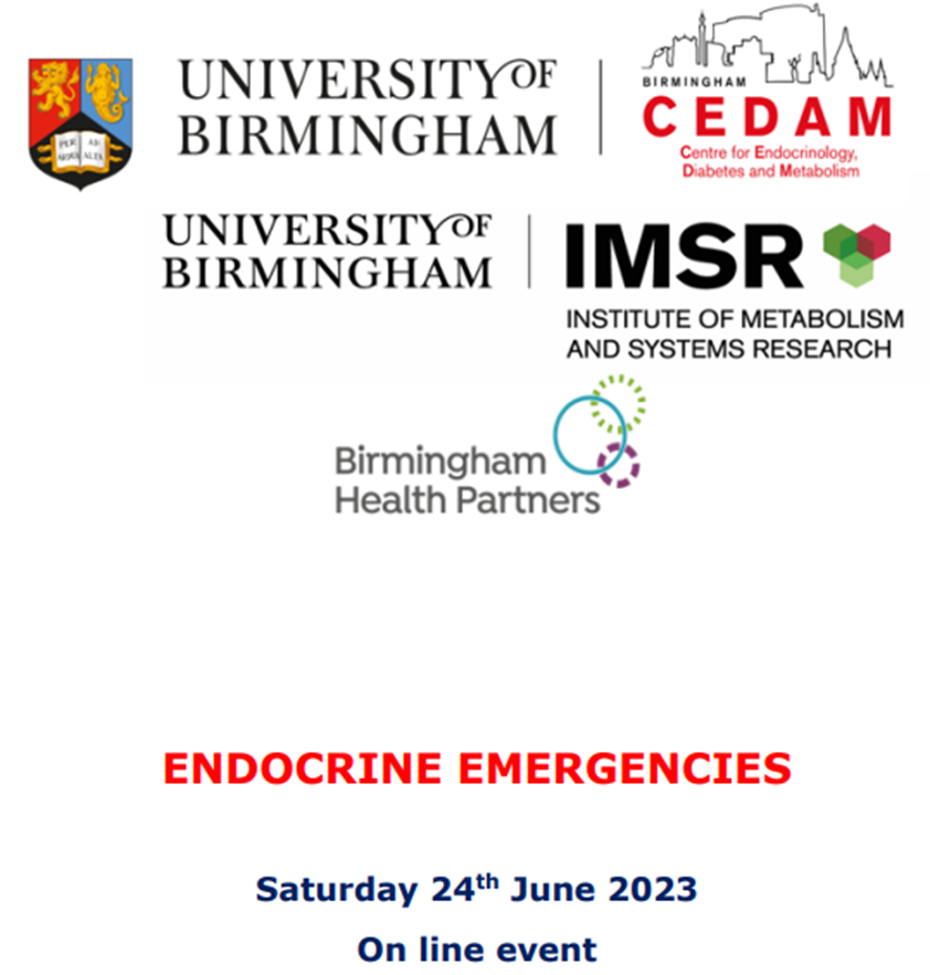 UoB_MSS's tweet photo. Birmingham Endocrine Seminars 2023 – This year covering Endocrine Emergencies – Saturday 24th June 2023, online event. Approved for 3 CPD credits by Royal College of Physicians. To register, please use this link https://t.co/b14wwflJby #CEDAM
@IMSR_UoB @youngdiab @m_alikaramat https://t.co/XAs34YgRiX