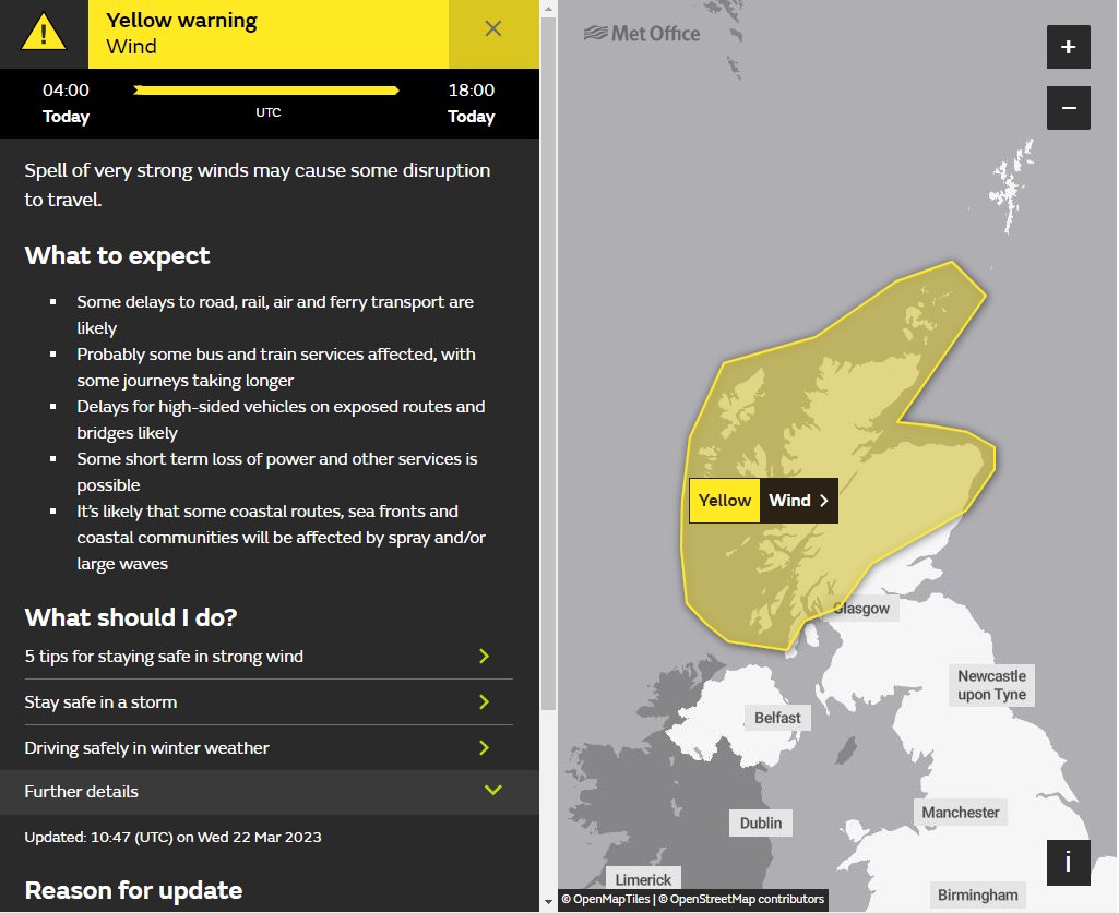 trafficscotland's tweet photo. ⚠️ YELLOW WEATHER WARNING⚠️

The @metoffice has issued a weather warning of WIND

Wednesday (22/03) 04:00 - (22/03) 18:00 

For more info: https://t.co/hIq7x6IbB9 https://t.co/kSaKzinpQN