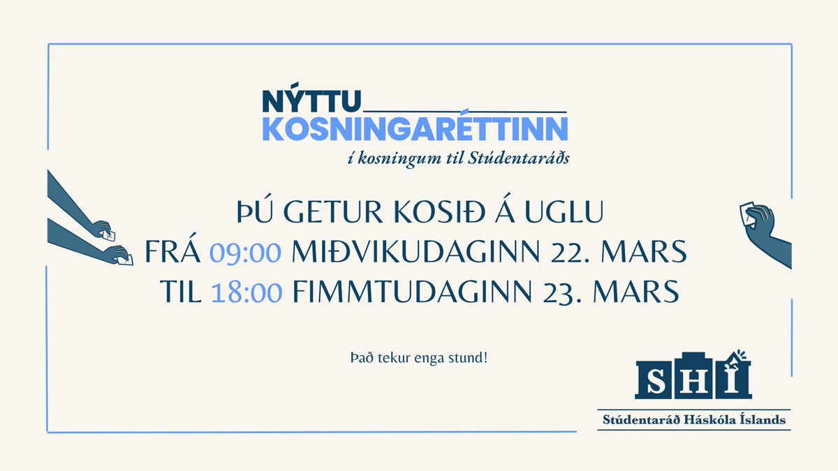 Í dag og á morgun fara fram kosningar til Stúdentaráðs.

Við hvetjum öll til að nýta kosningaréttinn - kosið er á Uglu og það tekur enga stund!🗳️