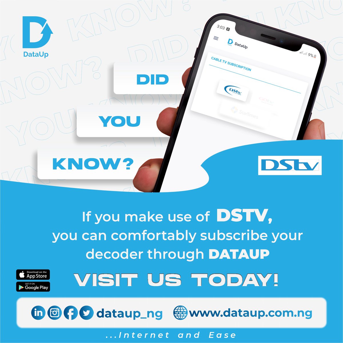 dataup_ng's tweet photo. Did you know? π€
If you make use of DSTV, you can comfortably subscribe your decoder through DATAUP.
VISIT US TODAY! Through the link in our bio.
#dataup #nigeria #didyouknow #dstv #internetandease https://t.co/ksI5tlLOAB