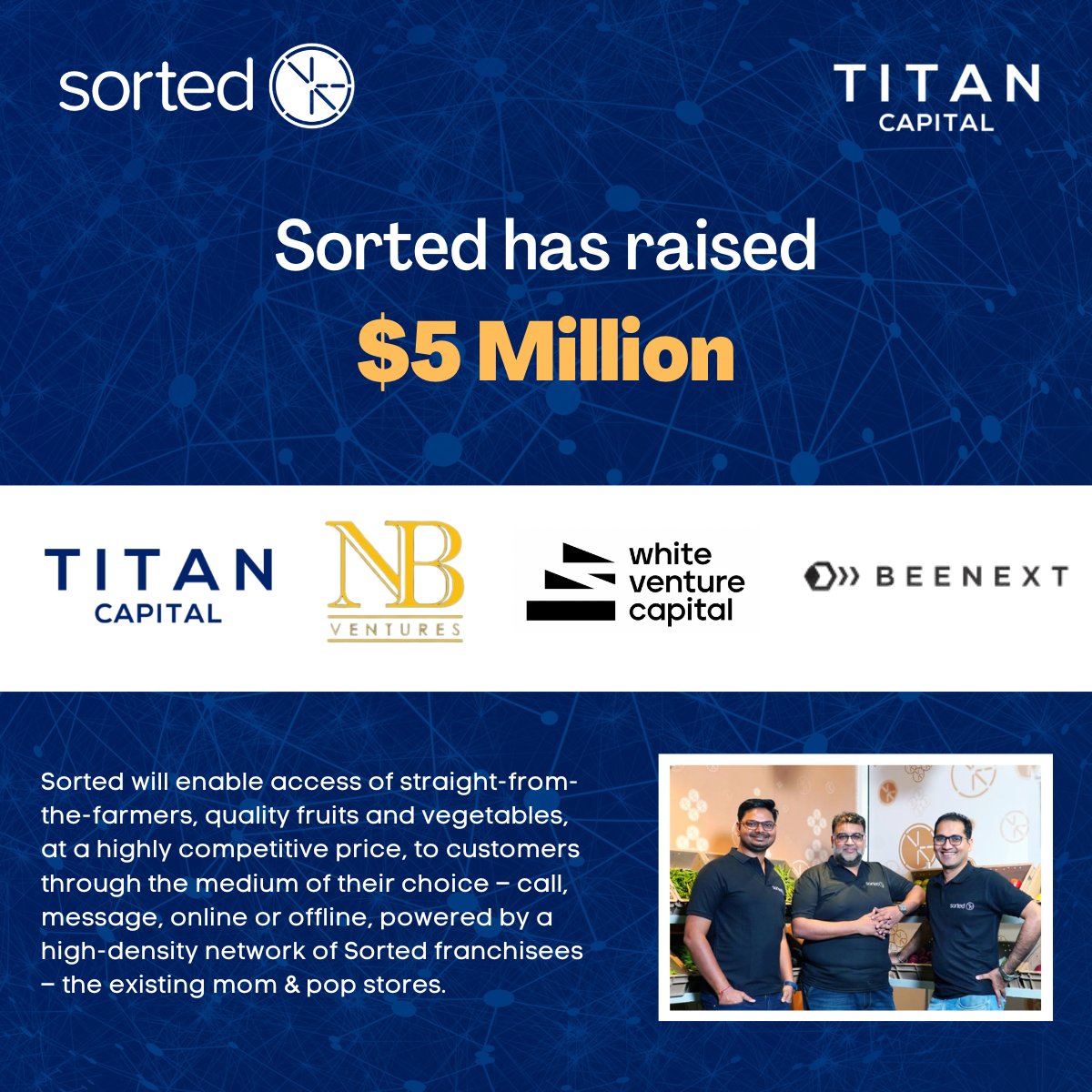TitanCapitalVC's tweet photo. We are delighted to announce our recent investment in Sorted. Congratulations @AnantVGoel, Nitin Gupta, Sahil Madan &amp; Sorted Team 🎉 

Sorted has raised over USD 5 mn🚀  in an ongoing seed round, with participation from @TitanCapitalVC, #BEENEXT, @WhiteVentureCap &amp; NB Ventures. https://t.co/fJCRnDcCkp