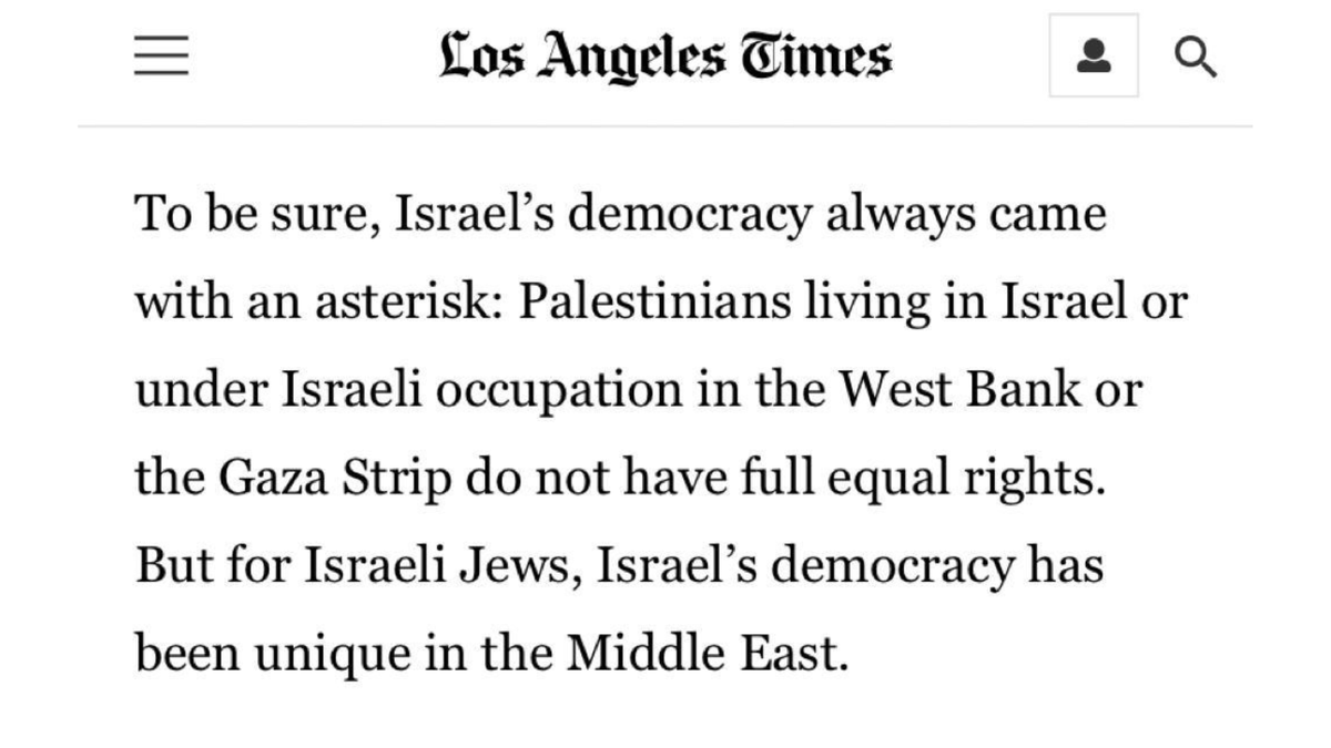 HonestReporting's tweet photo. No, @latimes @TracyKWilkinson, there is no asterisk when it comes to Israel's democracy.

Israeli Arabs have equal rights under Israeli law while Palestinians are governed by the Palestinian Authority &amp; Hamas in the West Bank &amp; Gaza respectively, neither of which are democratic. https://t.co/ct9oAovwm6