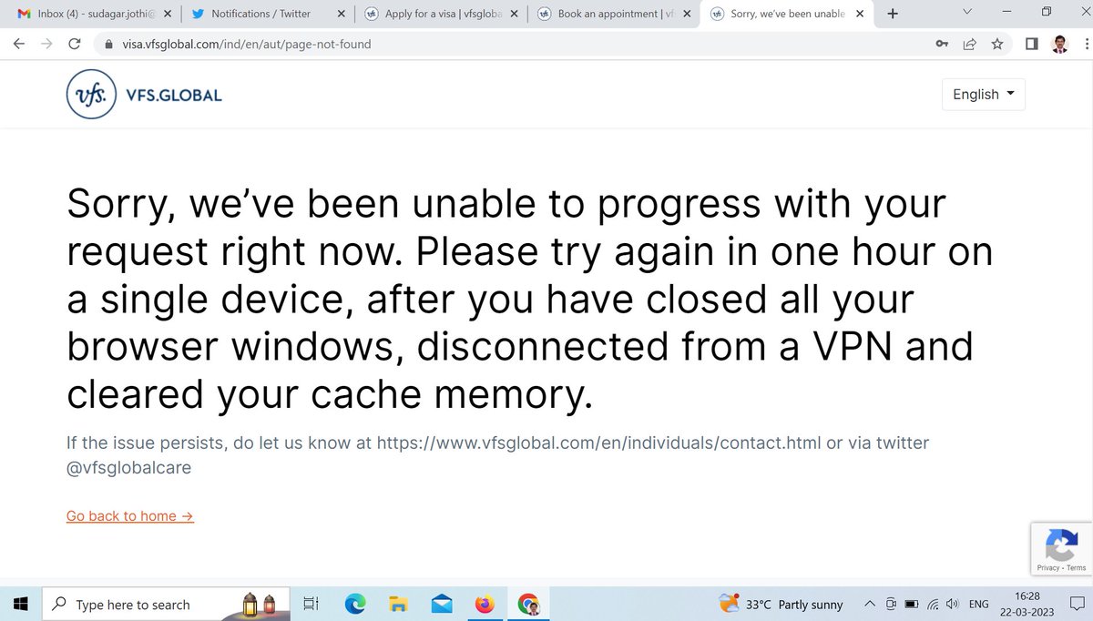 sendme2sudagar's tweet photo. @vfsglobalcare  I am getting the following message, when I try to book the appointment with insurance... https://t.co/7SkUo6WGdQ