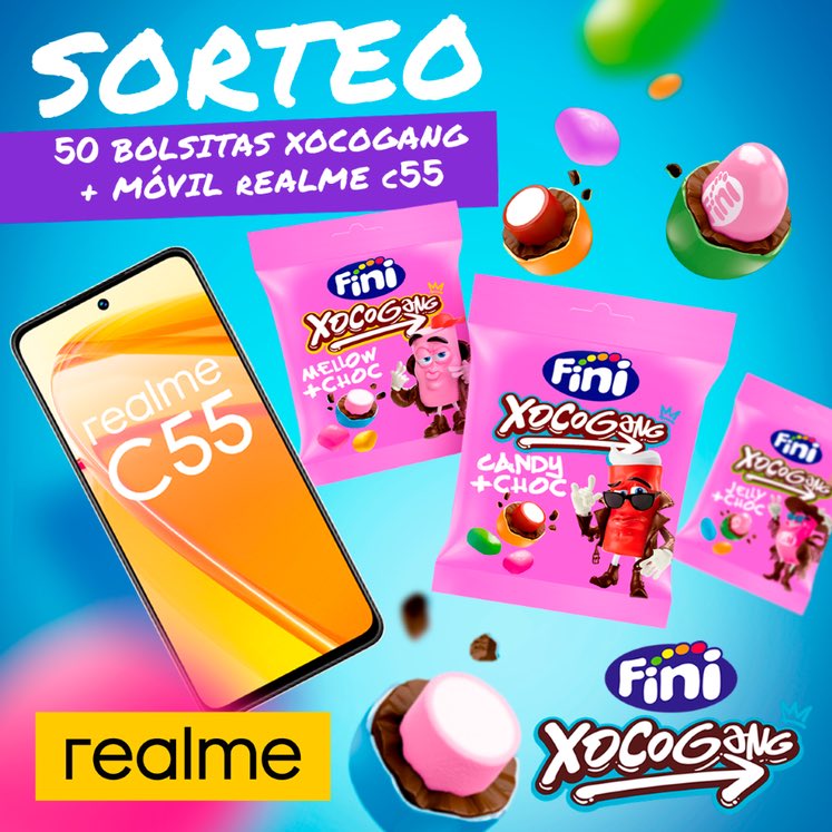 Fini_golosinas's tweet photo. Una semana de SORTEACO para que ganes un Realme C55 + 5 veces su peso en Xocogang, ¿A qué esperas? #realmeC55conFINI

👉 Sigue esta cuenta y a @realmeespana 
👉 RT mencionando a un amigx usando el # #realmeC55conFINI 
👉BBLL en BIO

Vamoooooo https://t.co/dDenErFXRP