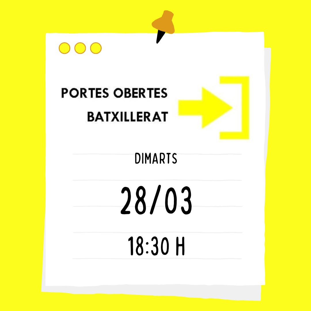 inselcalamot's tweet photo. Vols estudiar Batxillerat?
Vine a les portes obertes i t'explicarem el nostre projecte!
📅Dimarts 28 de març a les 18:30 h
✍️Inscripció https://t.co/UdGLiJvXzI
Vine! El teu futur comença aquí!
#SomCalamot #BATCalamot #portesobertes #batxillerat #orientacióacadèmica https://t.co/bK5Yw8VSCb