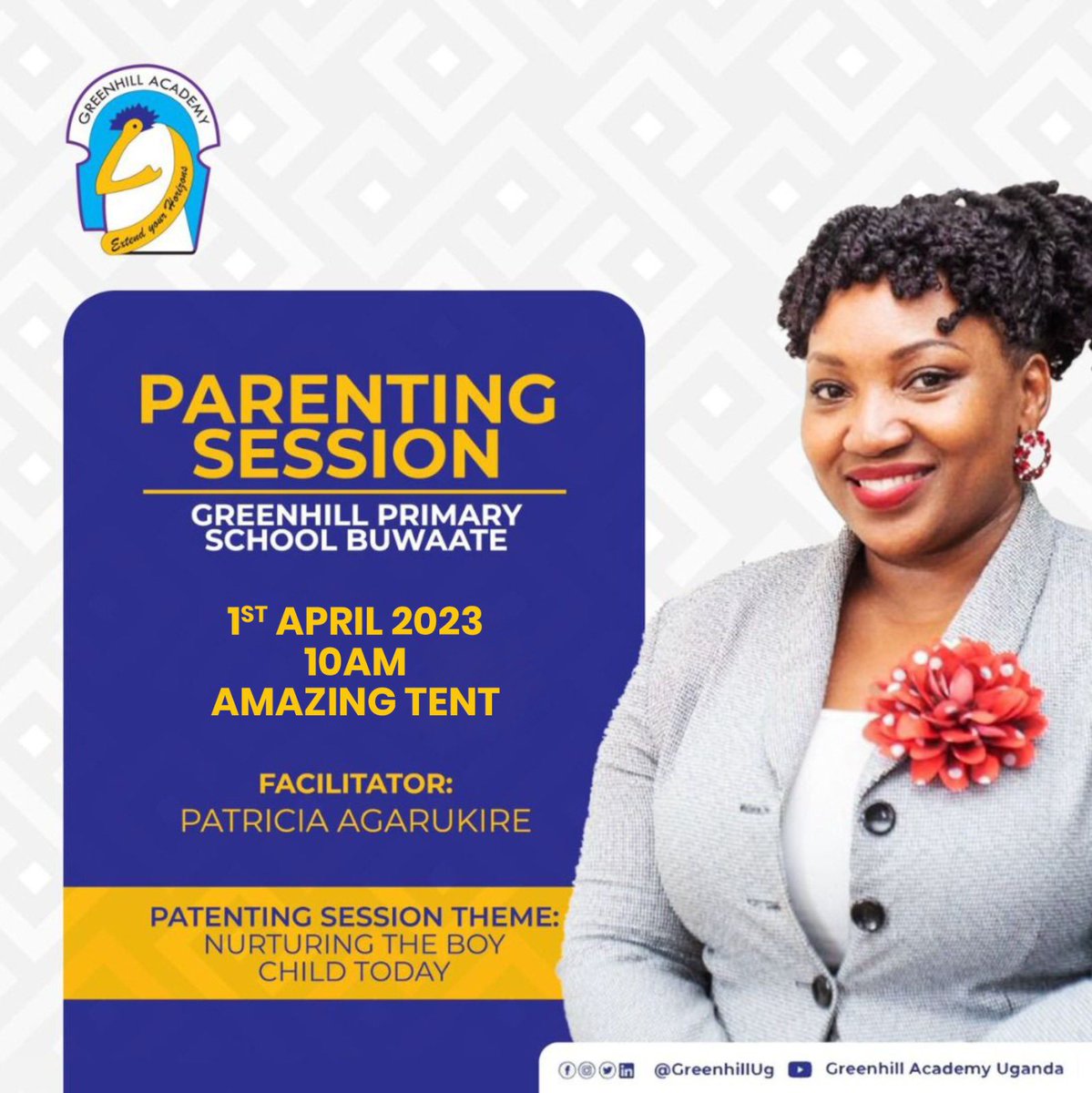 GreenhillUg's tweet photo. We invite our Buwaate Campus parents to join us for the #ParentingSession as we host our days facilitator @agarukire Patricia Agarukire.
Date: 1st April 2023.
Time: 10:00 AM.
Venue: Amazing Tent.
#GreenhillSchools #Buwaate https://t.co/LYMJ4AeO8I