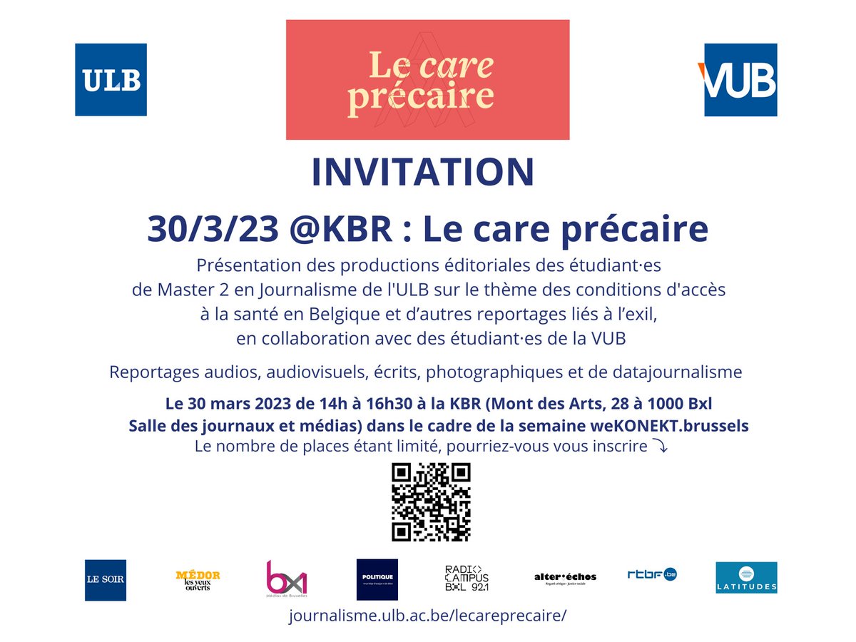 JournalismeULB's tweet photo. 📢 Rappel
Présentation des productions éditoriales des étudiant·es de Master 2 en #Journalisme de l'@ULBruxelles et de la @VUBrussel
📅 Le 30 mars de 14h à 16h30 à la @KBR

Inscription ▶ https://t.co/tky5uIrR9D ou https://t.co/WES8NslZ7x
#careprecaire
#alterechos https://t.co/GcWKzltVrM
