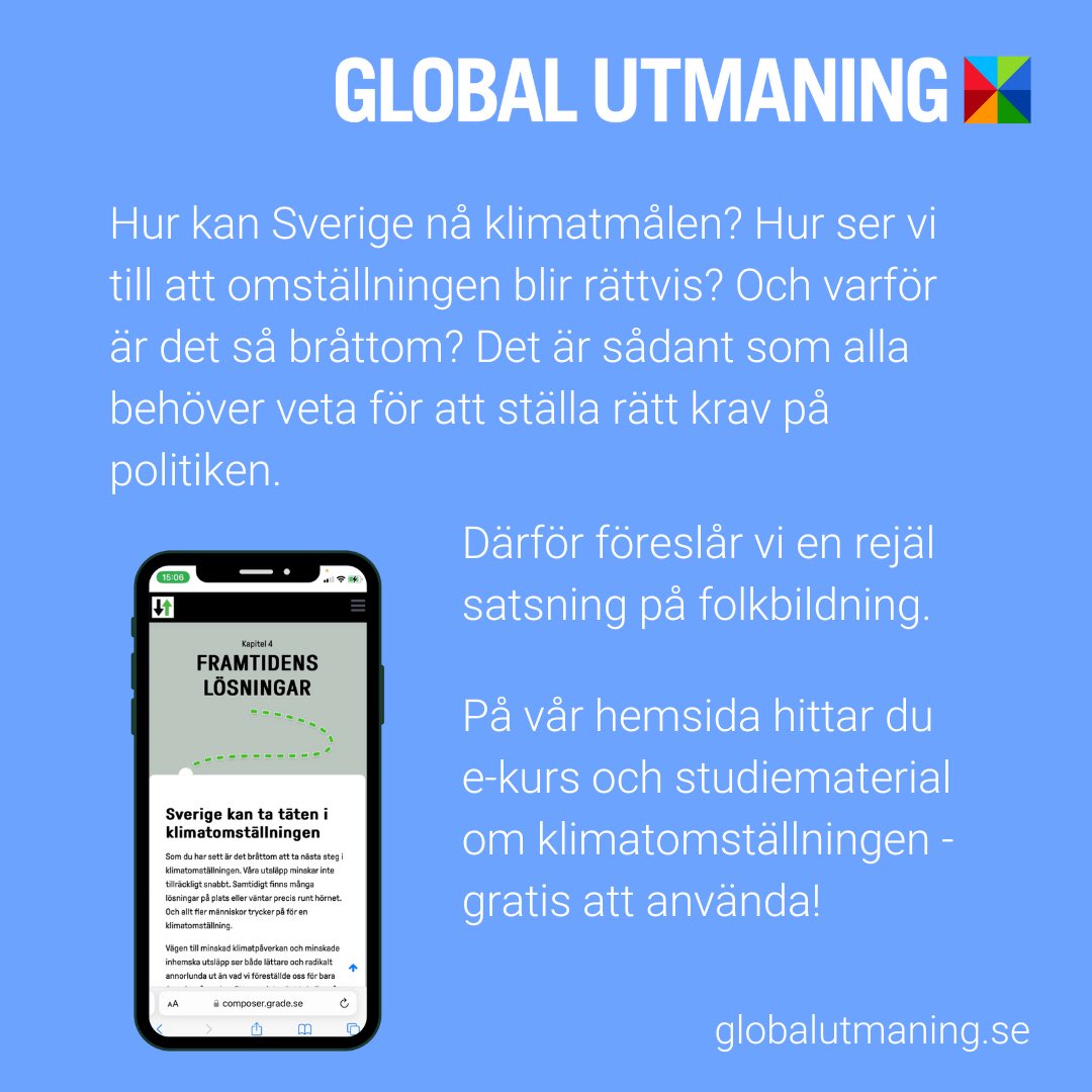 Vår första reform som #Miljödepartementet i exil är en rejäl satsning på folkbildning om klimatet. Sveriges medborgare behöver få kunskap om vad klimatomställningen innebär för att kunna ställa rätt krav på politiken. Vårt folkbildningspaket hittar du här globalutmaning.se/klimatagendan-…