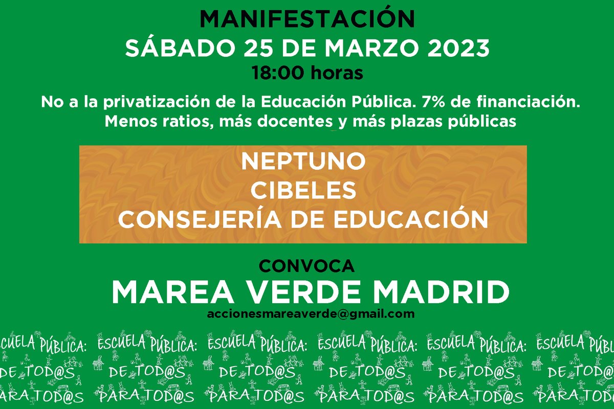 IlustracionxEP's tweet photo. Sábado 2️⃣5️⃣ MARZO
🙋🏻‍♀️🙋‍♂️👨‍👩‍👦‍👦👩‍👧👩‍👩‍👧👨‍👧🙋🏽🙋🏻‍♀️

🟩 Manifestación #MareaVerde #ManiEducación25M
#YoVoy25Mporque

“¡NO a la privatización de la #EducaciónPública! 
7% de financiación 
➖ ratios
➕ docentes 
➕ plazas públicas”

https://t.co/FA9UFOVuQS

⏰ 18h📍Neptuno - Consejería de Educación https://t.co/KUfDpL5QtY
