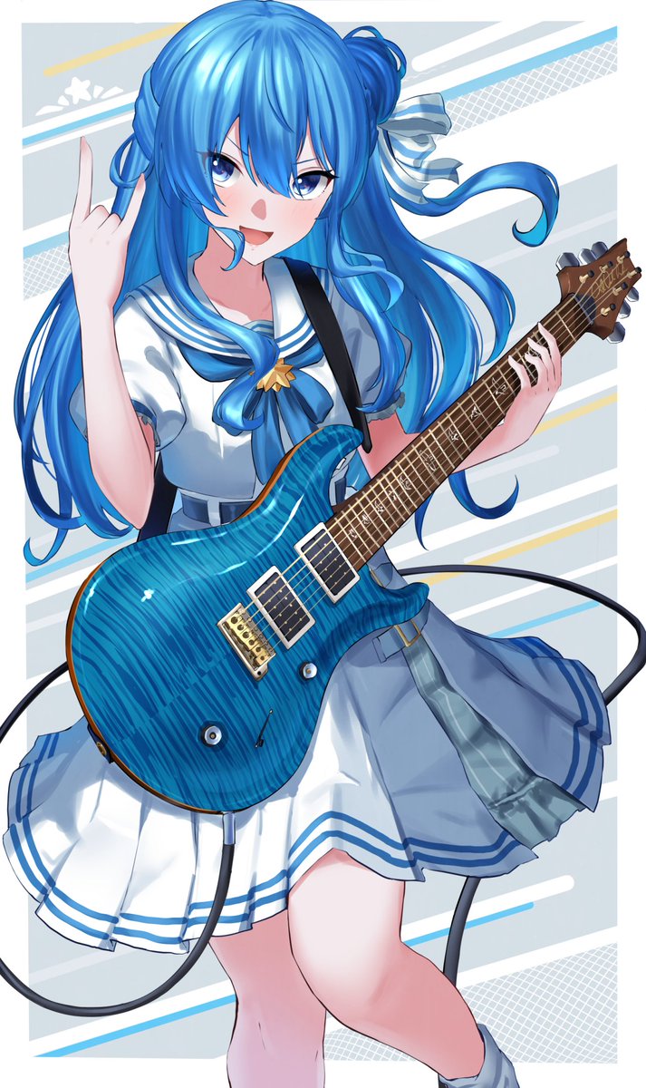 hoshimachi suisei 1girl blue hair instrument blue eyes solo guitar long hair  illustration images