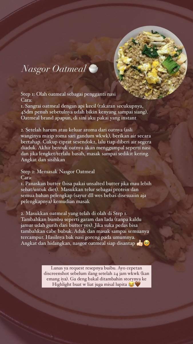 notulfadwiyanti's tweet photo. @FOOD_FESS W tadinya ga suka oats, tapi ternyata karena belum bisa ngolahnya. Setelah tau cara ngolahnya (paling suka dibuat savory jadi bubur atau manis overnight oats) tiap sarapan ganti pakai oats bantu banget juga biar ga ngantukkan kalau pagi. Kalau lagi rajin suka share resep di IG 😂 https://t.co/wHROGwPDVW