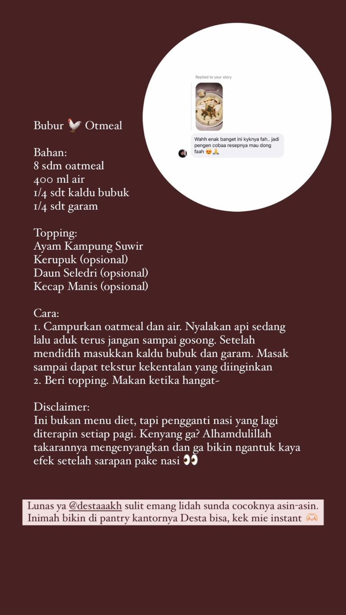 notulfadwiyanti's tweet photo. @FOOD_FESS W tadinya ga suka oats, tapi ternyata karena belum bisa ngolahnya. Setelah tau cara ngolahnya (paling suka dibuat savory jadi bubur atau manis overnight oats) tiap sarapan ganti pakai oats bantu banget juga biar ga ngantukkan kalau pagi. Kalau lagi rajin suka share resep di IG 😂 https://t.co/wHROGwPDVW