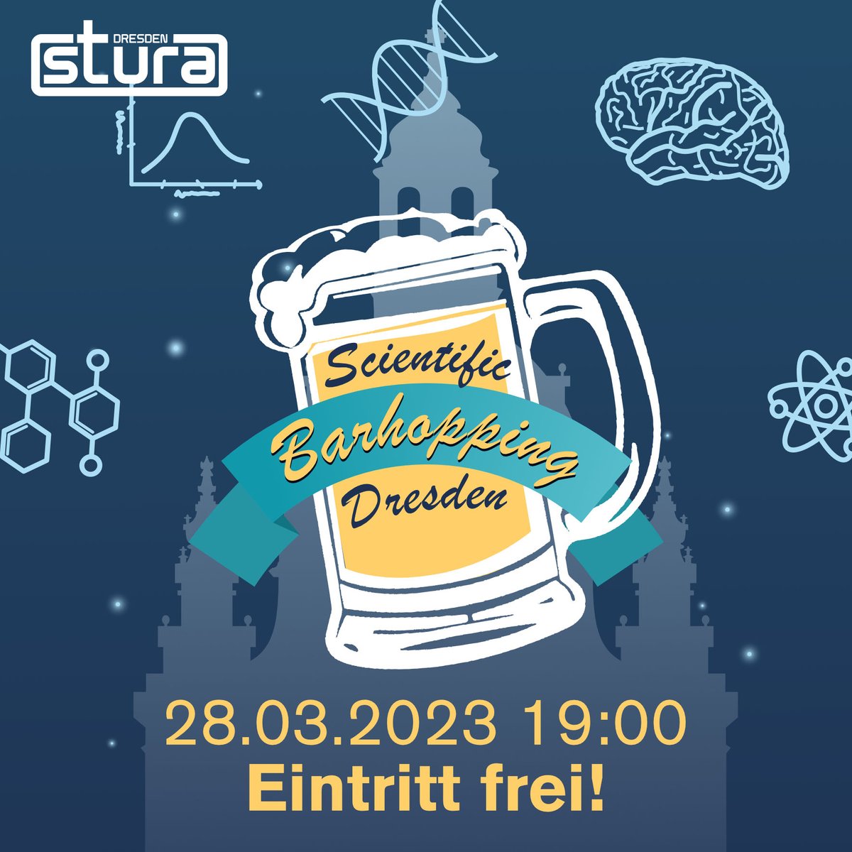 StuRaTUD's tweet photo. 🍻#Wissenschaft mit Getränk in der Hand und entspannter Atmosphäre?
Genau das ist beim Scientific Barhopping möglich. Es erwarten euch spannende wissenschaftliche Vorträge in den wahrscheinlich schönsten StudiClubs Dresdens.
📅28.03. ab 19Uhr
👉Infos  https://t.co/miFyqNYWIi
^cm https://t.co/VzMbU2UhkT