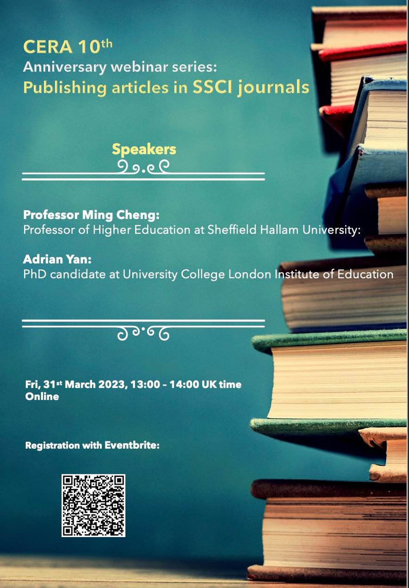 Welcome to our third session of CERA-UK 10th Anniversary webinar series on 31 March, from 13:00 – 14:00, focusing on publishing academic articles in SSCI indexed journals. Two speakers <a href="/MingCheng8/">Professor Ming Cheng</a> <a href="/Adrian/">adrian</a> Yan will share their experiences. Please come to join us!