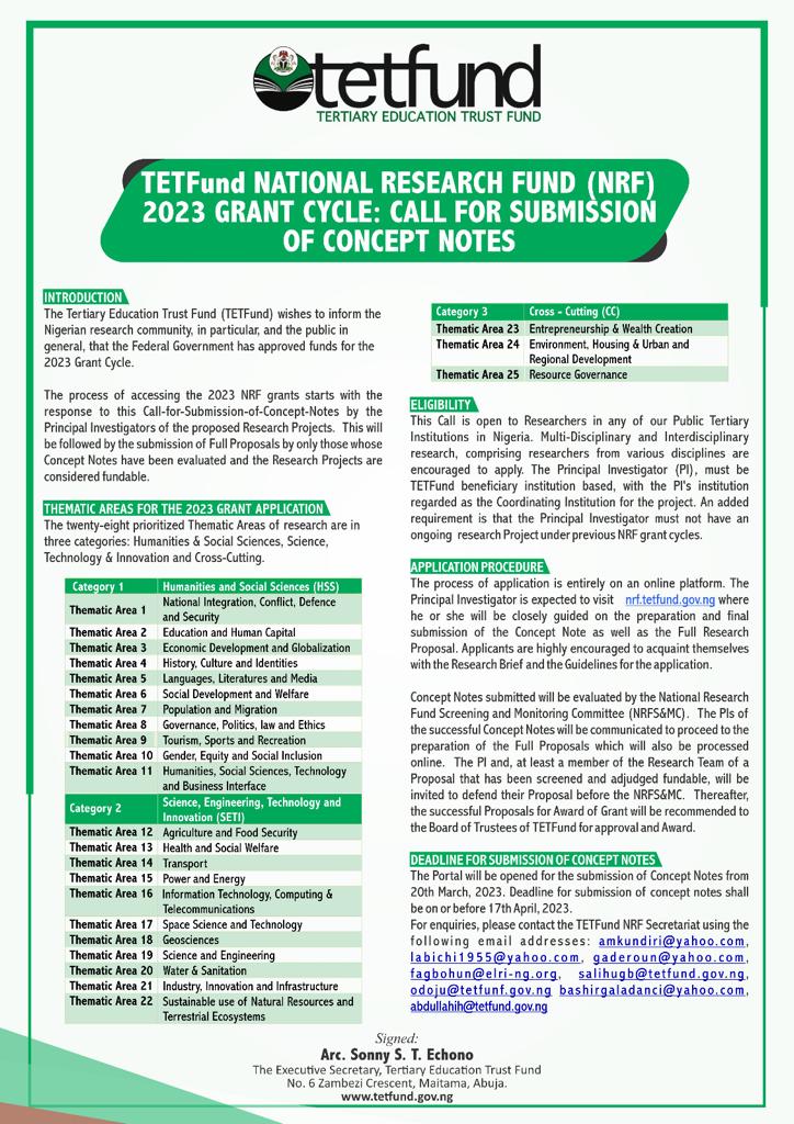 ANGeographers's tweet photo. Opportunity!!!
TETFund National Research Fund 2023 Grant Cycle. https://t.co/6lBHdSZ0aM