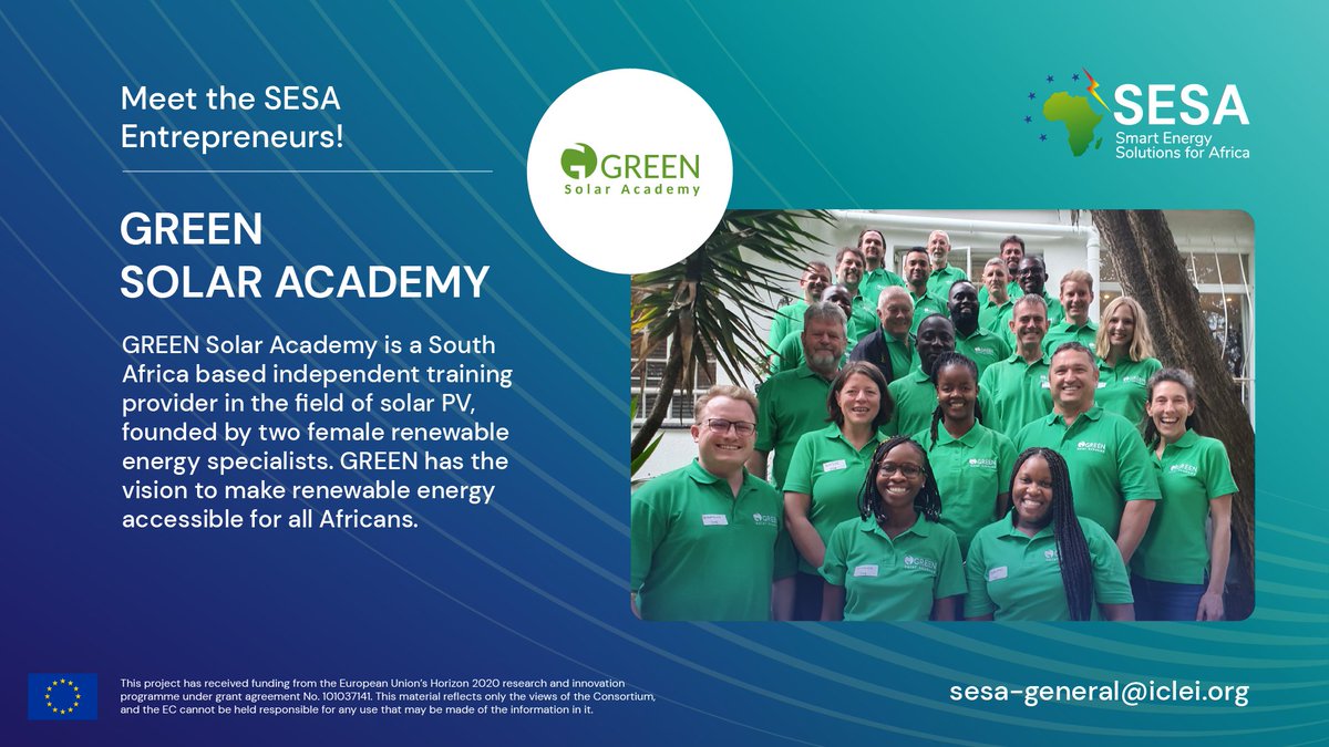 sesa_project's tweet photo. Introducing our 2nd winner from the Call for Entrepreneurs: GREEN Solar Academy! Providing professional courses in solar photovoltaic, their mission is to create Africa’s biggest network of solar installers &amp; equip everyone with skills for 100% renewables 🌍🔋👏🏽 

#SESAproject https://t.co/4q9XrnEPDK