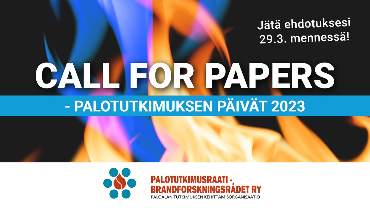 PalotutkraatiRy's tweet photo. Viikko aikaa lähettää tiivistelmiä Palotutkimuksen päiville. Seminaari kokoaa yhteen palo-, pelastus- ja rakennusalasta kiinnostuneet. Tule mukaan kertomaan ajankohtaisesta tai hiljattain päättyneestä paloturvallisuuteen liittyvästä tutkimuksesta! #PTP23 #palotutkimusraati https://t.co/vQQBndDaMg