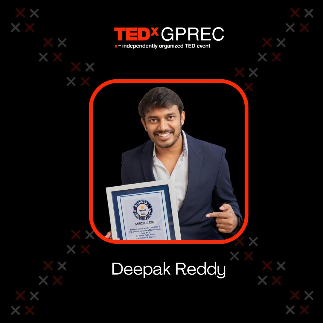 TEDxGPREC's tweet photo. We are elated to introduce 👏 Mr. Deepak Reddy as our speaker. He is an Oscar-qualified director, writer, and producer who holds a Guinness World Record. His two short films, Manasanamaha and Hide &amp; Seek, are most known.

Come join us on April 15th to listen to his tale. https://t.co/l43YoCUtEA
