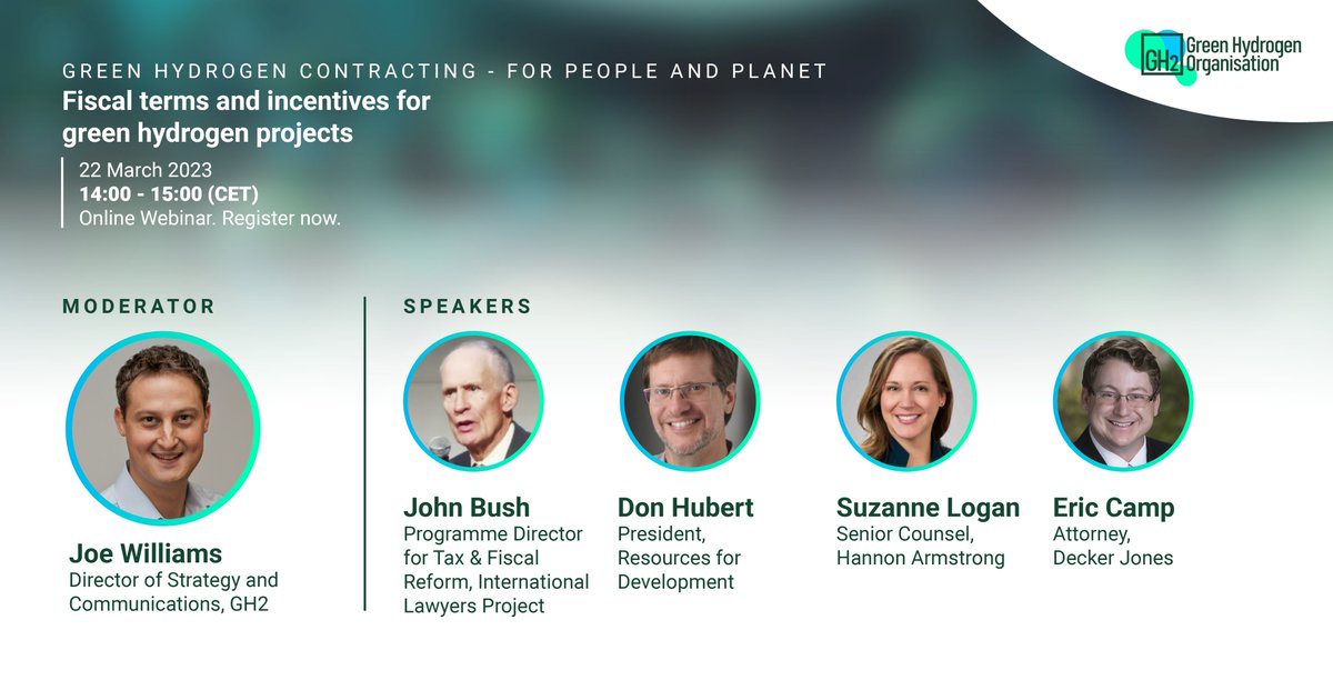 Have you registered for today's webinar at 2pm CET on what fiscal terms for #greenhydrogen will incentivize investments and provide long-term economic benefits for host countries and citizens? Experts from 
<a href="/project_lawyers/">International Lawyers Project</a> <a href="/HASI_Inc/">HASI</a> #DeckerJones #Res4Dev 
us06web.zoom.us/meeting/regist…