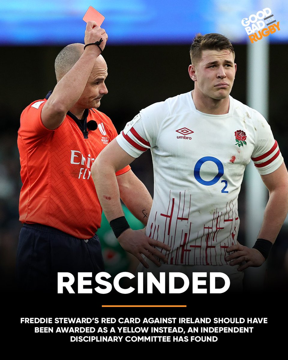 GoodBadRugby's tweet photo. The Committee found “there were sufficient mitigating factors including the late change in the dynamics and positioning of the opposing player which should have resulted in the issue of a yellow card rather than a red card” 

England robbed? 🟥

#rugby #sixnations https://t.co/9DNivNUAXG
