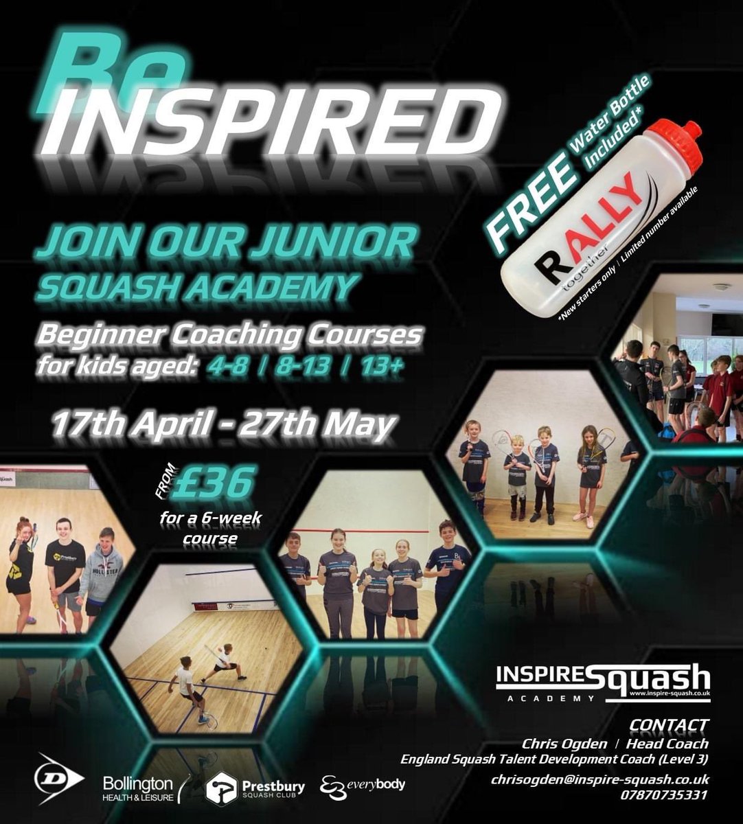 #BeINSPIRED &amp; join our Junior Squash Academy!

🆕 Beginner Courses after Easter!
Includes 🆓 Water Bottle!🤩

Learn a new Sport, make new friends &amp; grow in confidence as their skills develop!

📲 Get in touch for more info!

📧 info@inspire-squash.co.uk
inspire-squash.co.uk