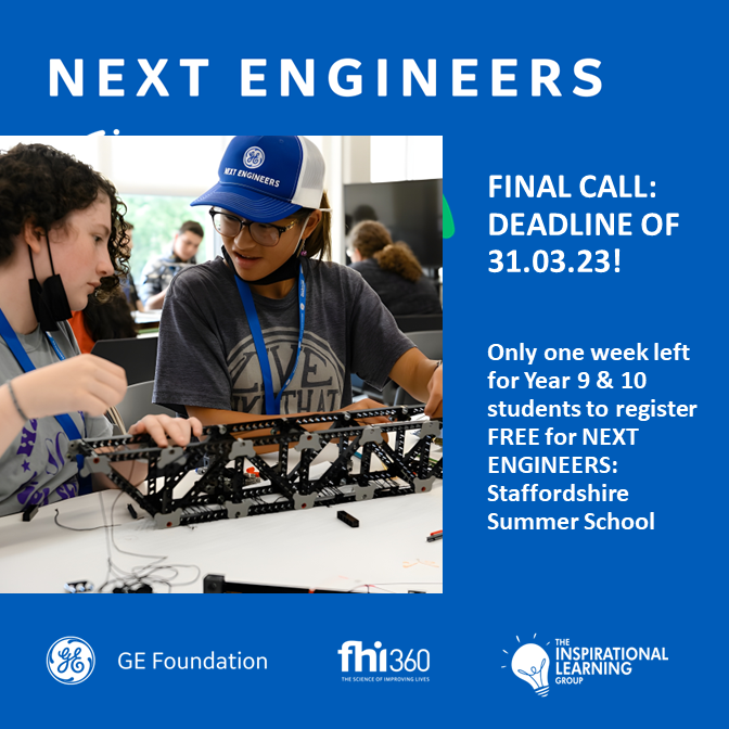 TILG_UK's tweet photo. Only one week left for Year 9 or 10 students in Staffordshire to apply for the free NEXT ENGINEERS: Engineering Experience.
 
Application link --> https://t.co/IQUUcUb51L 

 #Staffordshire #STEM #NextEngineers #engineeringeducation #GEfoundation #engineering #diversity https://t.co/MjXOde0M71