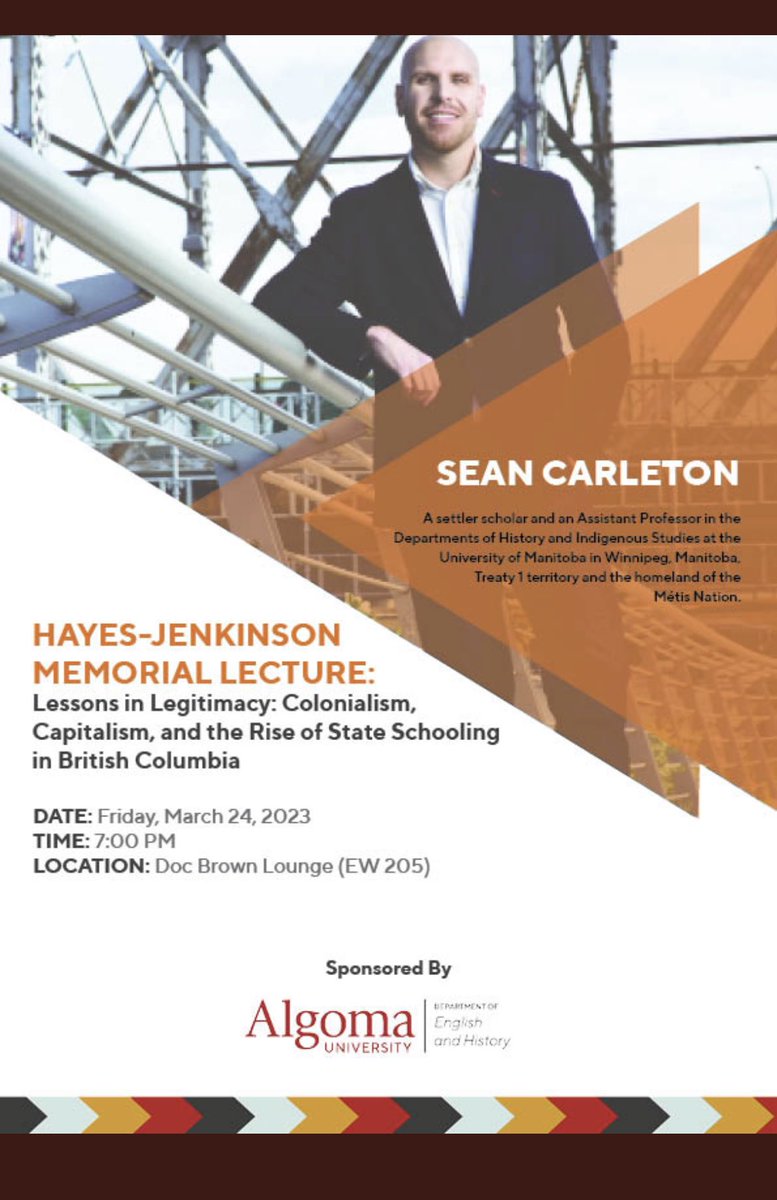 SeanCarleton's tweet photo. Off to Sault Ste. Marie today for a couple of talks at @AlgomaU, one on residential school denialism and other other, the Hayes-Jenkinson Memorial Lecture, a book talk for Lessons in Legitimacy. https://t.co/7dskNDLyTw