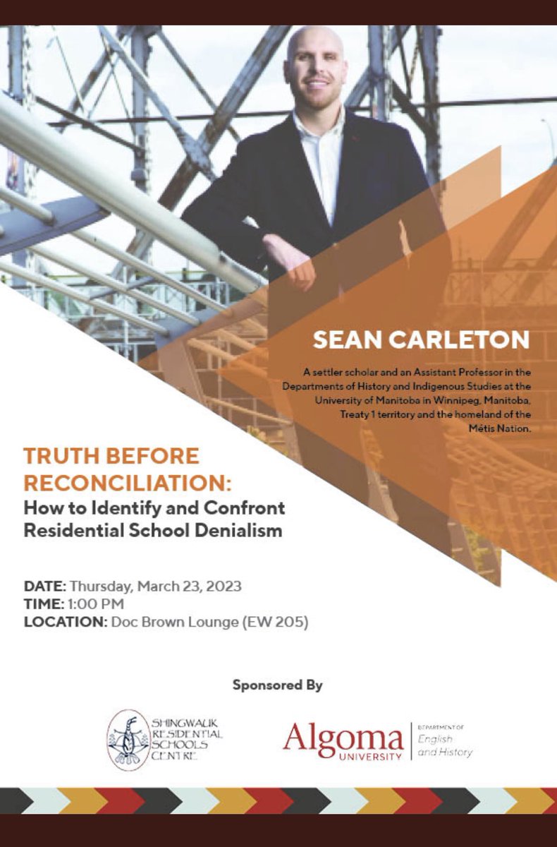 SeanCarleton's tweet photo. Off to Sault Ste. Marie today for a couple of talks at @AlgomaU, one on residential school denialism and other other, the Hayes-Jenkinson Memorial Lecture, a book talk for Lessons in Legitimacy. https://t.co/7dskNDLyTw