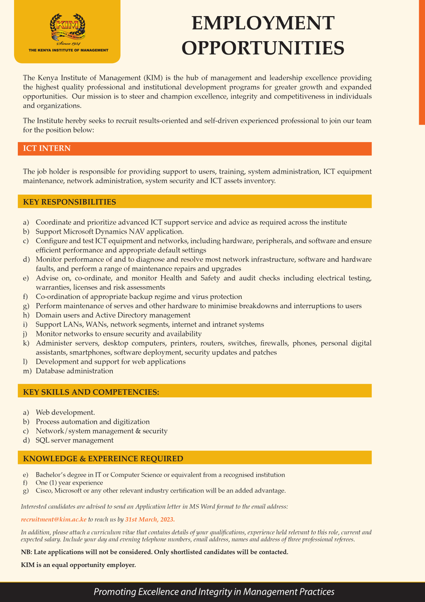KIMKenya's tweet photo. Join our team as an ICT Intern and gain hands-on experience in a dynamic and innovative environment!
@MuriithiNdegwa 

 #employment #employmentopportunity #internneeded #kenyainstituteofmanagement https://t.co/JrBQOgshC1