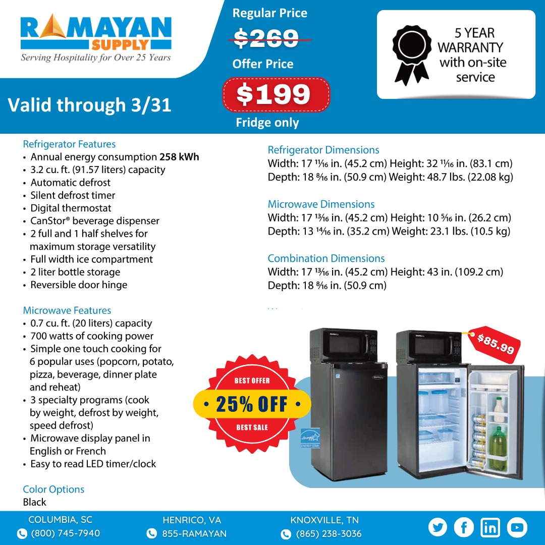 DANBY COMBO UNIT 3.2CU.FT - BLACK
Danby Combo Unit 3.2cu.ft - Black, Microwave 0.7 &amp; Refrigerator 3.2cu.ft, 90lb, 3.2 cu ft, Black, Each
Shop Now: ramayansupply.com/danby-combo-un…
#microrefrigerator #microwave #hotelmicrowave #danbymicrowave #hotelmotelsupply #hotelsupplystore #deals