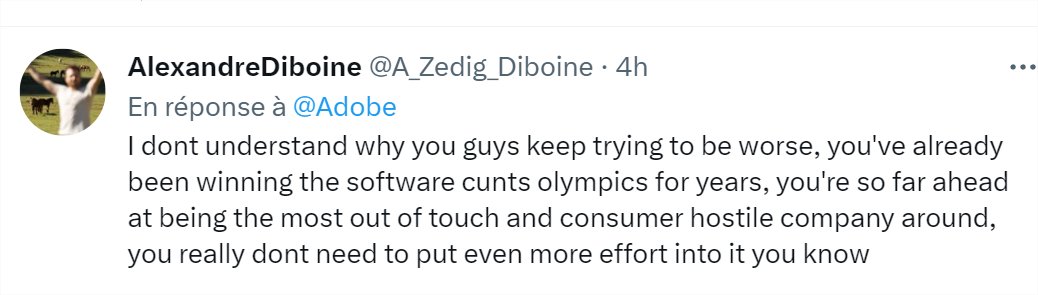 A_Zedig_Diboine's tweet photo. Since @Adobe are a bunch of little shit eating cowards who are hiding comments they don't like to see, i'll post mine here instead https://t.co/Fk23zZnDFz