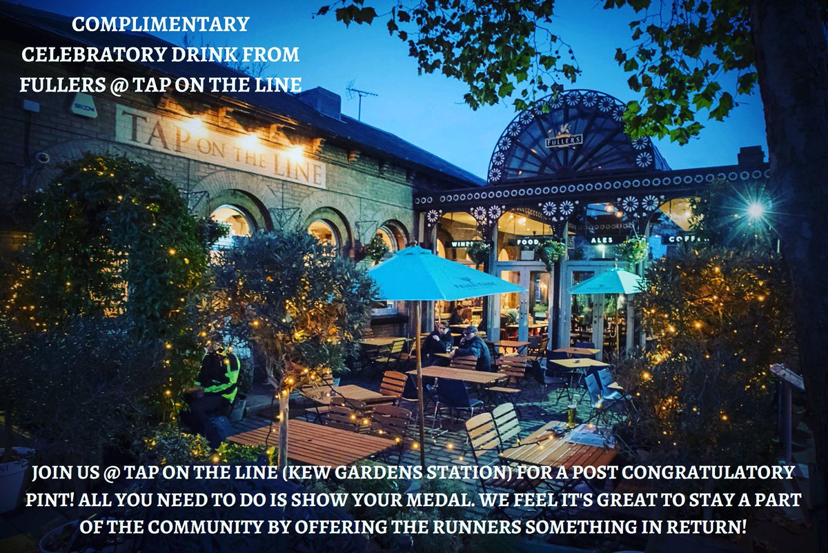 KEW THE CELEBRATIONS! We are pleased to announce that all finishers will receive a complimentary drink from our friends <a href="/TapOnTheLine/">Tap On The Line, Kew</a> (Kew Garden Station, Station Approach, Richmond) . Just show your shiny  medal to the friendly staff!