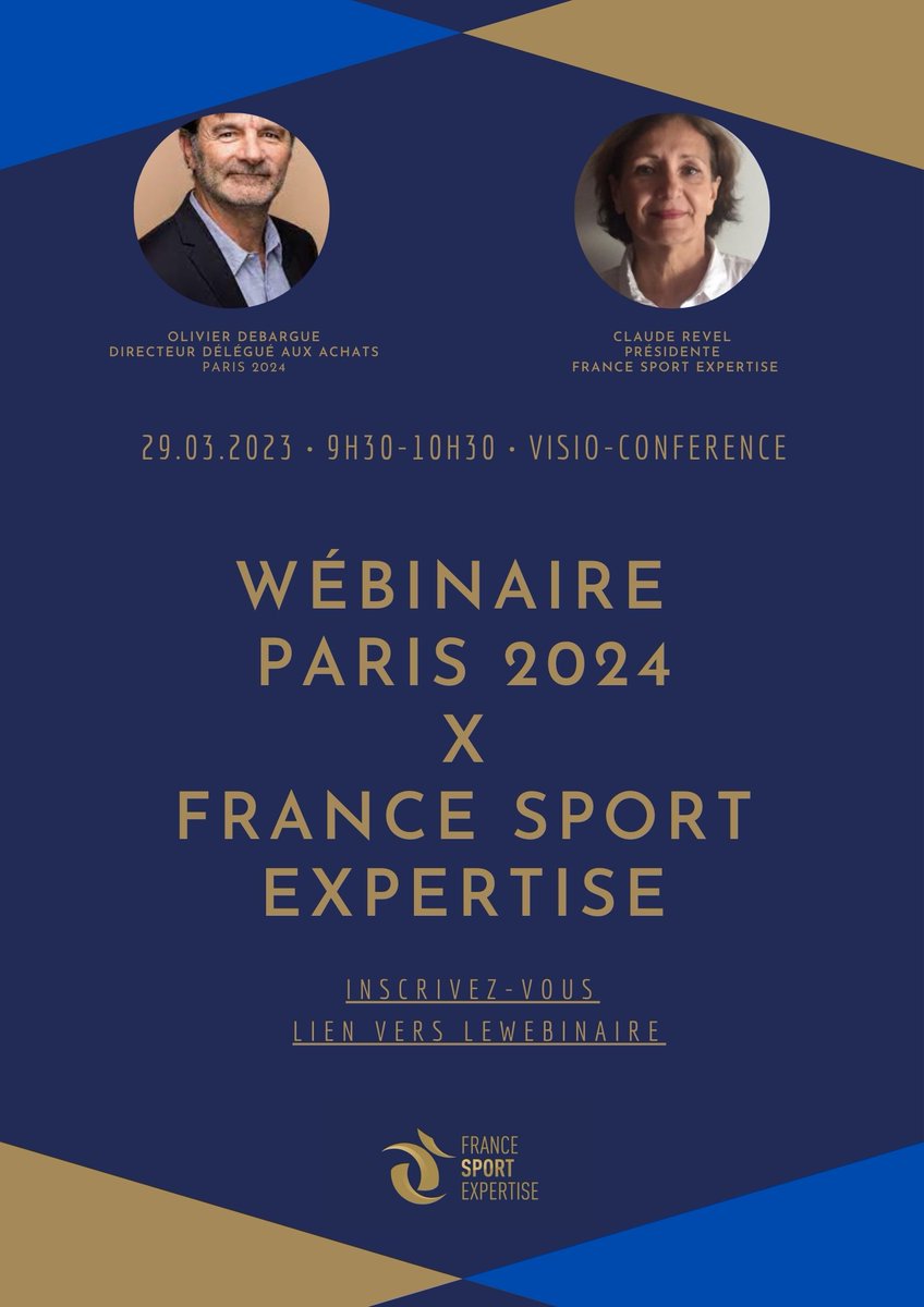 📢Webinaire <a href="/Paris2024/">Paris 2024</a> x <a href="/FranceSportEx/">France Sport Expertise</a> avec Olivier Debargue, directeur délégué aux Achats
🗓️ Mercredi 29 mars de 9h30 à 10h30
🚀Dernière ligne droite pour promouvoir &amp; valoriser l'expertise française 🇫🇷 

👉Inscriptions ici : docs.google.com/forms/d/e/1FAI…