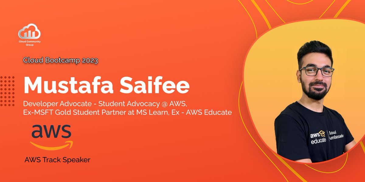 thecloudfolk's tweet photo. Here's the third #speaker for Cloud Bootcamp 2023!☁️

@mustafasaifee_  is one of the most active members of the community 💯. He leads the student developer advocacy team at #awscloud 😍

Link 🔗: https://t.co/s8OuTwCaK8

#bootcamp #learning #cloud #azure #gcp #aws #students https://t.co/fQcsyWk525