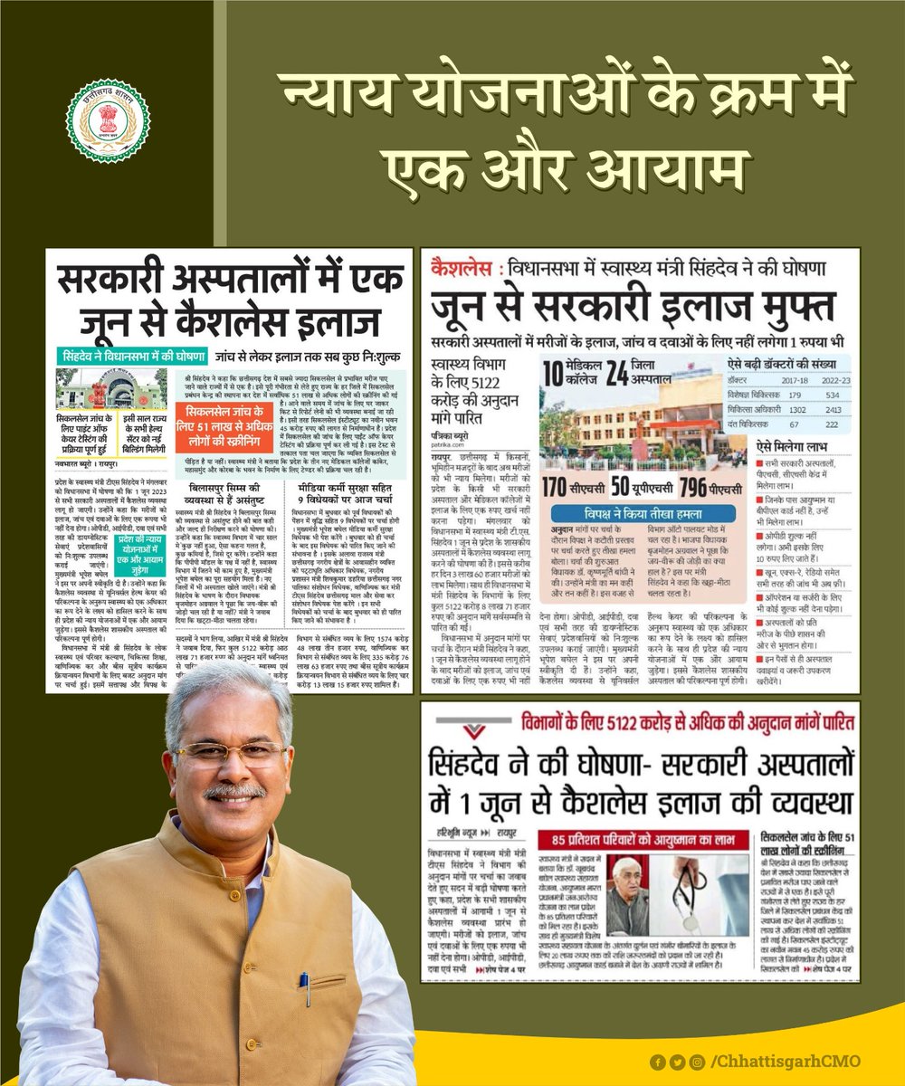 AnilPatelINC's tweet image. 1 जून 2023 से प्रदेश में पूर्ण होगी "कैशलेस शासकीय अस्पताल" की परिकल्पना।

- प्रदेश के सभी सरकारी अस्पतालों में जांच इलाज दवाओं के साथ-साथ प्रदेशवासियों को ओपीडी, आईपीडी एवं सभी तरह के डायग्नोस्टिक सेवाएं नि:शुल्क उपलब्ध कराएगी छत्तीसगढ़ सरकार।

#treatment #Cashlessfacility #NYAY
