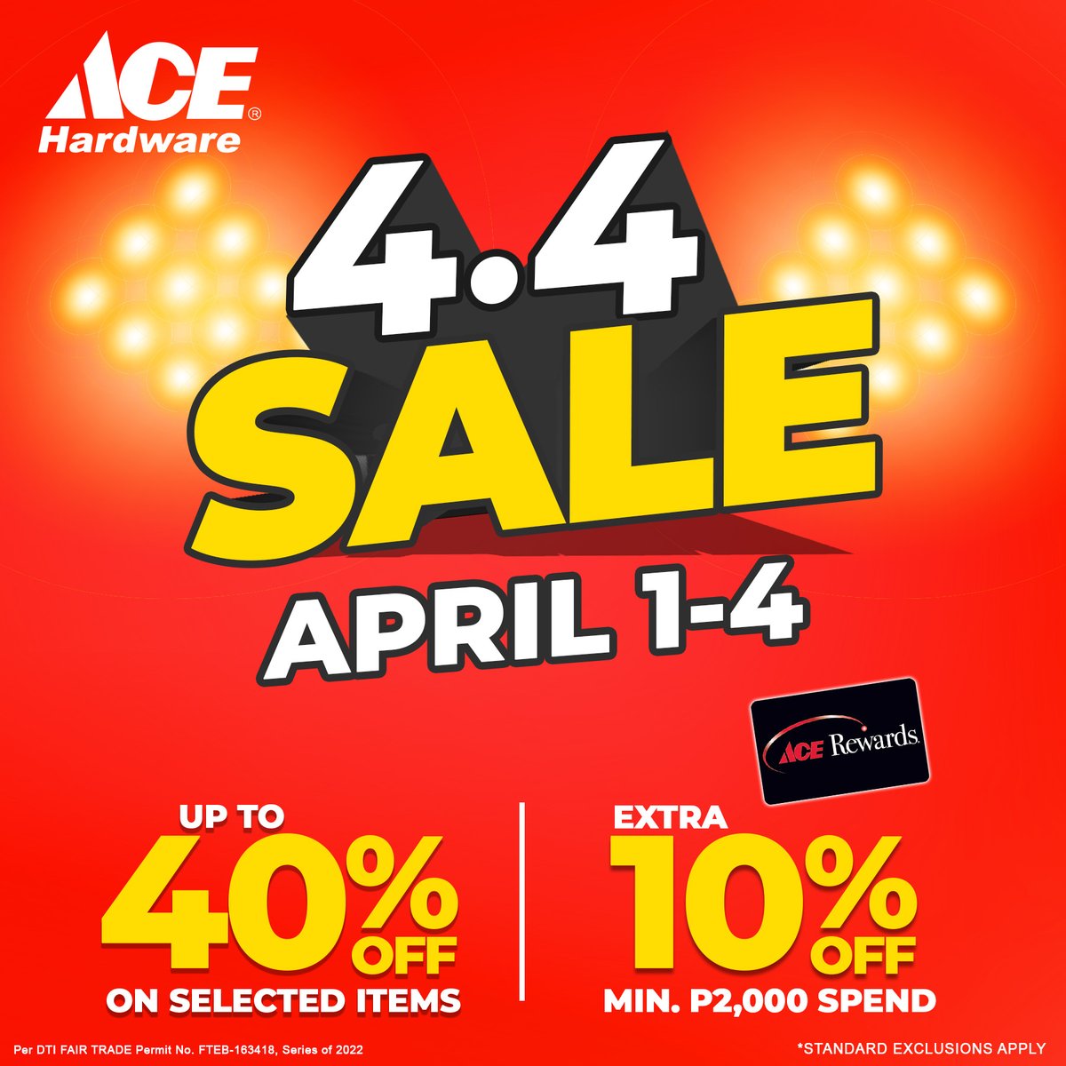 smcitysanlazaro's tweet image. ACE 4.4 SALE is ON! 🎉 😎

ACE Rewards members get extra 10% OFF from April 1-4 only! 

📍Visit Ace Hardware SM City San Lazaro located at Level 2, South Wing

#ACE44Sale #ACEHardwarePH #ACEHelpful #YoureAlwaysWelcomeHere #EverythingsHereAtSM #AweSM