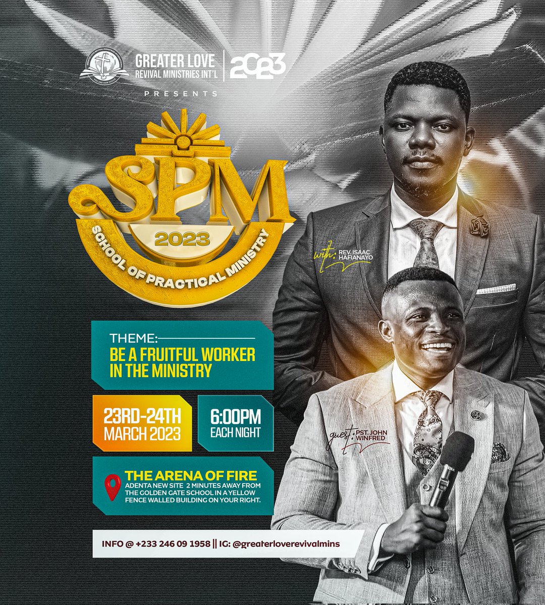 gjgraphix's tweet photo. School of Practical Ministry 2023 March edition flyer done using C4D for the 3d text effect and Photoshop for the main artwork.
Let me know your thoughts on this fam ๐
#gjgraphix #graphicdesign #churchflyers #churchposters https://t.co/xX9vjQE0Zl
