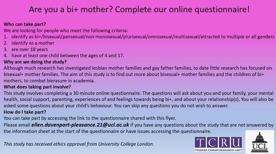 Ellen Davenport-Pleasance (@ellenpleasance) on Twitter photo Hello everyone! I am a bisexual PhD student at <a href="/TCRU_UCL/">TCRU at UCL IOE</a> and am currently recruiting bi+ mothers for a questionnaire as part of my PhD research. I'd be eternally grateful if you could fill in the survey or share this with your network! ๐๐๐
qualtrics.ucl.ac.uk/jfe/form/SV_08โฆ Hello everyone! I am a bisexual PhD student at <a href="/TCRU_UCL/">TCRU at UCL IOE</a> and am currently recruiting bi+ mothers for a questionnaire as part of my PhD research. I'd be eternally grateful if you could fill in the survey or share this with your network! ๐๐๐
qualtrics.ucl.ac.uk/jfe/form/SV_08โฆ