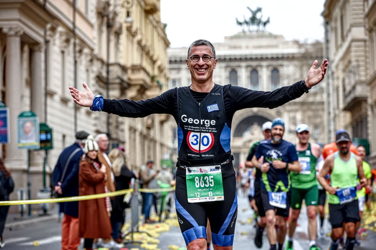 Pure joy at the 8th out of #30x30Challenge #Marathons, at Legendary Rome, around eternal monuments, full of happy runners talking & shouting, flat course with difficult cobblestone parts. Finishing in 3 hours 55 minutes in front of the amazing Colosseum. georgeruns30x30.com