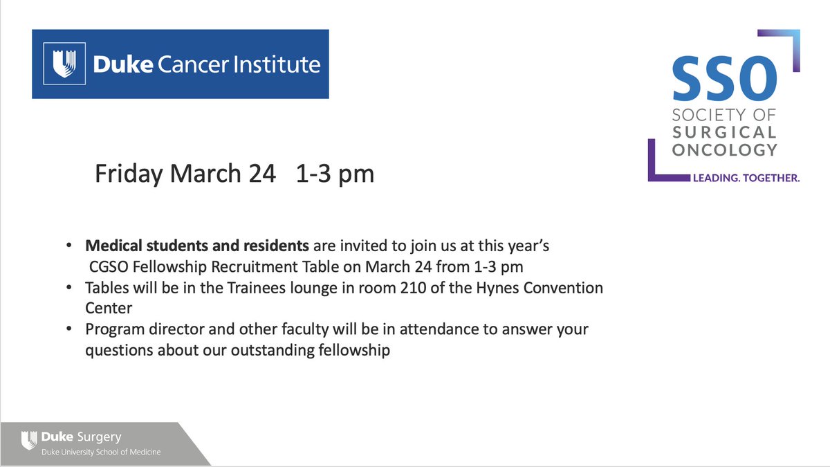 For those trainees interested in learning more about Duke's outstanding CGSO fellowship, please join us at #SSO2023 @SocSurgOnc at the inaugural Fellowship Recruitment event @PeterAllenMD @michael_lidsky @blazer_trey @DukeSurgRes @DukeSurgery