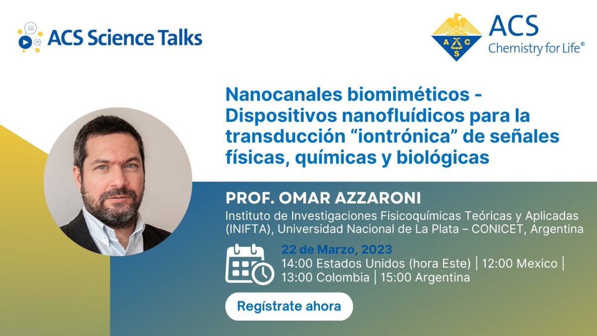 inifta_ok's tweet image. Hoy! No te pierdas la charla de la serie #ACSScienceTalks en español, dada por nuestro investigador Prof. Omar Azzaroni. Será a las 15:00 hs hora Argentina.
Regístrate en fal.cn/3wDcq
@softmatterlab @unlp
 #Chemistry #química #ACSInternational #ACSGlobal