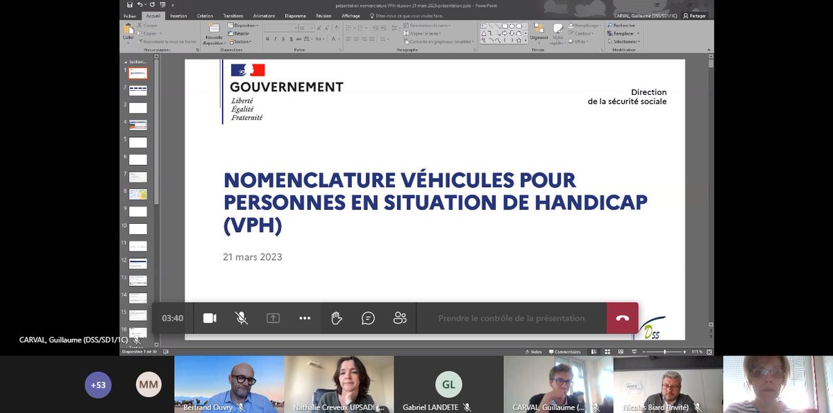 🔷 Suite des travaux dans le cadre du comité de pilotage "Aides techniques"
<a href="/CorinneLatruffe/">LATRUFFE</a>, vice-présidente du <a href="/cnomk/">Ordre des masseurs-kinésithérapeutes</a> participe à l'échange organisé par <a href="/Sante_Gouv/">Ministère de la Santé</a> relatif aux Véhicules pour Personnes en situation de Handicap (VPH).

#Santé #Kiné