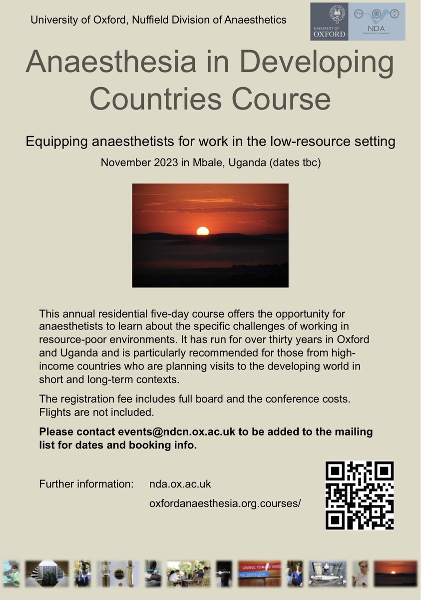 Interested in learning about working as an #anaesthetist in a low-resource setting? 

Details below for University of Oxford’s Anaesthesia in Developing Countries residential course 🌍

#GlobalAnaesthesia