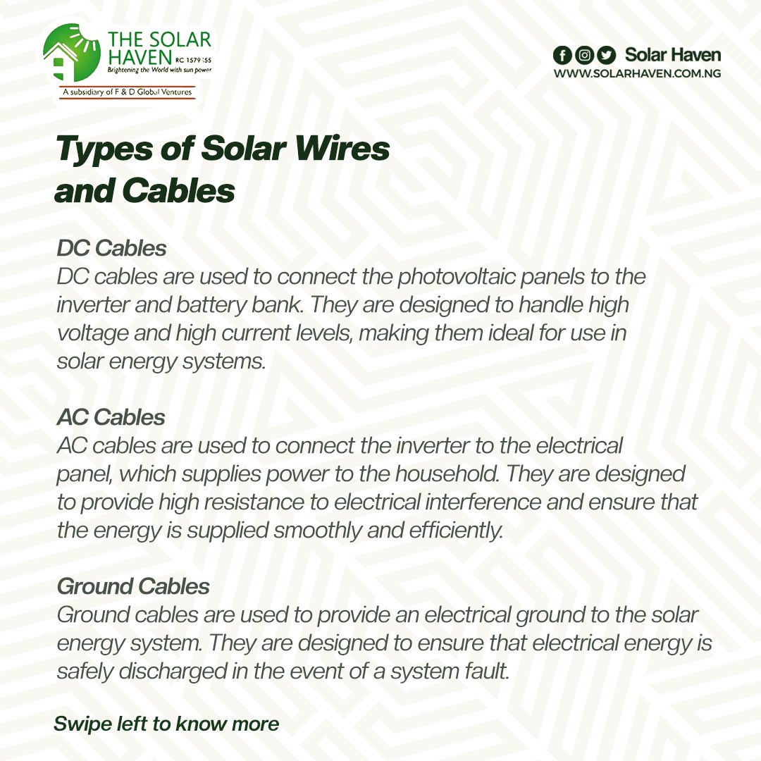 Here what you should know about solar wires and cable on your Solar Energy System 

To Power any application consult us freely via Dm/ Call / What’s app 08058397042, 08103294358. Or visit our Website : solarhaven.com.ng 

  #inverter #solarenergy #ibadanslayers