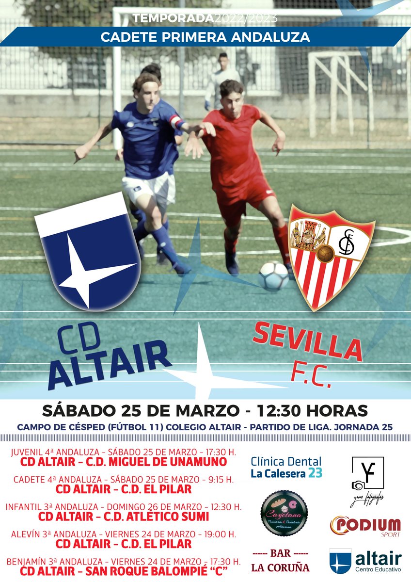 altairsevilla's tweet photo. ¡¡GRAN FIN DE SEMANA DEPORTIVO EN ALTAIR!! ⚽️
🏆 Cartel de lujo en nuestro campo de césped
#EDA #CDAltair #CentroEducativoAltair #futbolcantera #Fútbol #divisiondehonor #RFAF #SevillaFC @SevillaFC https://t.co/KAoArXLhdz