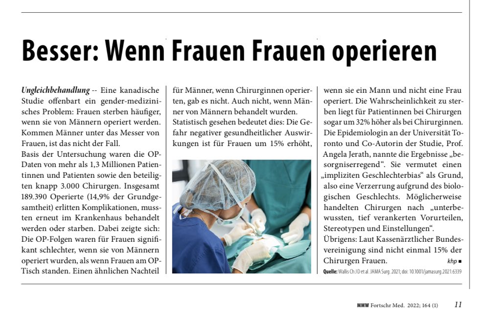 Jessica Ritter (@DrJessicaRitter) on Twitter photo 2023-03-22 11:44:31 🇨🇦Studie zu 1,3 Mio Patient*innen zeigt: OP-Folgen für Frauen signifikant schlechter, wenn sie v Männern operiert wurden statt v Frauen. Einen ähnlichen Nachteil für Männer, wenn Chirurginnen operierten, gab es nicht. Auch nicht, wenn Männer Männer operierten. #Geschlechterbias👇 🇨🇦Studie zu 1,3 Mio Patient*innen zeigt: OP-Folgen für Frauen signifikant schlechter, wenn sie v Männern operiert wurden statt v Frauen. Einen ähnlichen Nachteil für Männer, wenn Chirurginnen operierten, gab es nicht. Auch nicht, wenn Männer Männer operierten. #Geschlechterbias👇